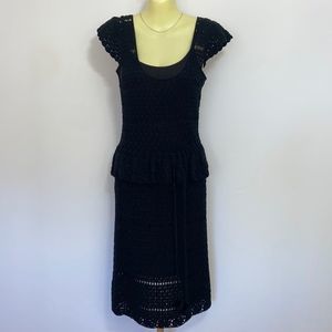 Betsey Johnson Dress Black Crochet Peplum Midi Dress & Slip Excellent Sz Small